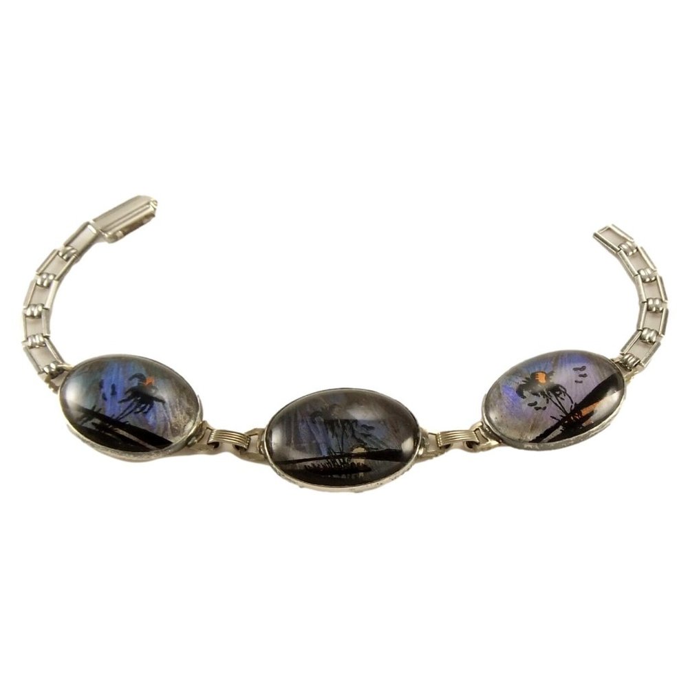 Sterling bracelet with painted butterfly wing background art deco 20's - 7 1/4" - Picture 2 of 4